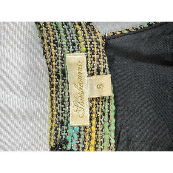 Shoshanna 8 Green Stripe Silk Blend Metallic Sleeveless Pleated Tweed Dress - Picture 9 of 9